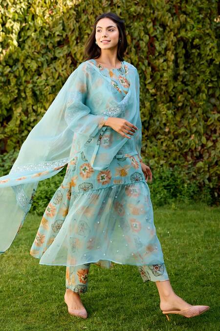 Buy_Naaz By Noor_Blue Chanderi, Cotton, Organza Embroidery Round Neck Printed Kurta Set _Online_at_Aza_Fashions