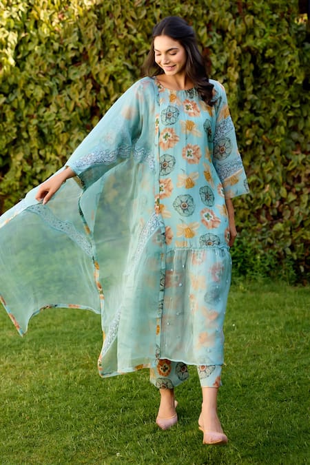Shop_Naaz By Noor_Blue Chanderi, Cotton, Organza Embroidery Round Neck Printed Kurta Set _Online_at_Aza_Fashions