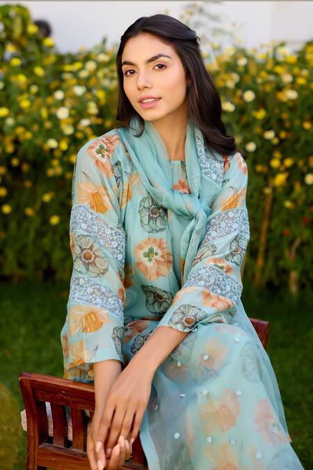 Shop_Naaz By Noor_Blue Chanderi, Cotton, Organza Embroidery Round Neck Printed Kurta Set 