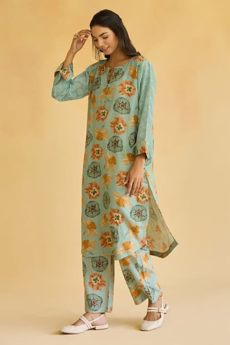 Naaz By Noor Blue Linen Embroidery Round Neck Floral Printed Kurta And Pant Set Online at Aza Fashions Naaz By Noor_Blue Linen Embroidery Round Neck Floral Printed Kurta And Pant Set _Online_at_Aza_Fashions