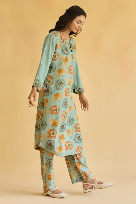 Buy Naaz By Noor Blue Linen Embroidery Round Neck Floral Printed Kurta And Pant Set Online at Aza Fashions Buy_Naaz By Noor_Blue Linen Embroidery Round Neck Floral Printed Kurta And Pant Set _Online_at_Aza_Fashions