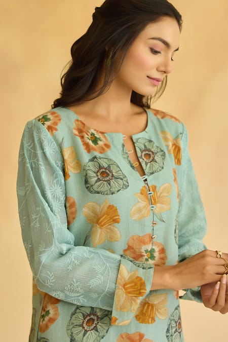 Naaz By Noor Blue Linen Embroidery Round Neck Floral Printed Kurta And Pant Set at Aza Fashions Naaz By Noor_Blue Linen Embroidery Round Neck Floral Printed Kurta And Pant Set _at_Aza_Fashions
