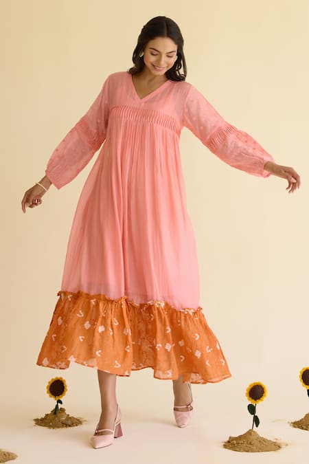 Naaz By Noor_Pink Chanderi Embroidery V-neck Freaky Flower Child Dress _Online_at_Aza_Fashions