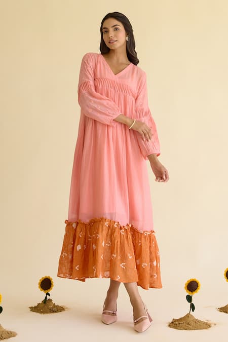 Buy_Naaz By Noor_Pink Chanderi Embroidery V-neck Freaky Flower Child Dress _Online_at_Aza_Fashions