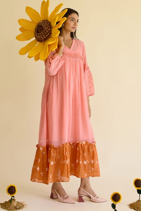 Shop_Naaz By Noor_Pink Chanderi Embroidery V-neck Freaky Flower Child Dress _Online_at_Aza_Fashions