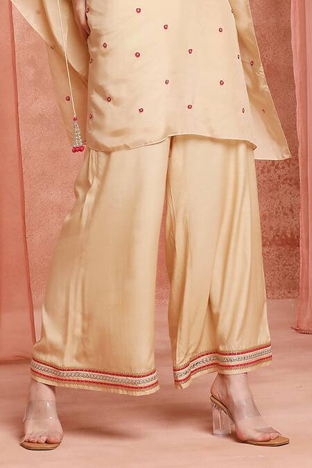 Neha Mehra_Beige Silk Tassels Round Neck Designer Kaftan And Pant Set _Online_at_Aza_Fashions