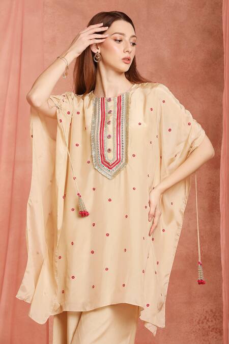 Buy_Neha Mehra_Beige Silk Tassels Round Neck Designer Kaftan And Pant Set _Online_at_Aza_Fashions