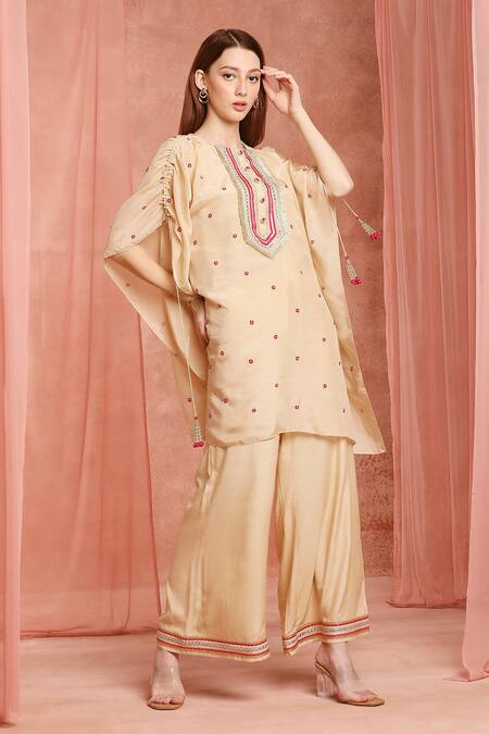 Neha Mehra Beige Silk Designer Kaftan & Pant Set 