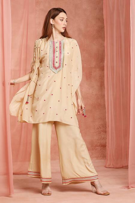 Neha Mehra_Beige Silk Tassels Round Neck Designer Kaftan And Pant Set _at_Aza_Fashions