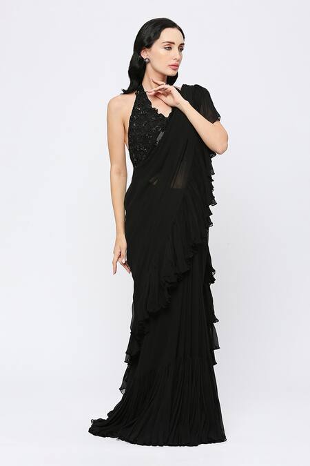 Neha Mehra_Black Georgette Sequins Designer Ruffled Saree _Online_at_Aza_Fashions