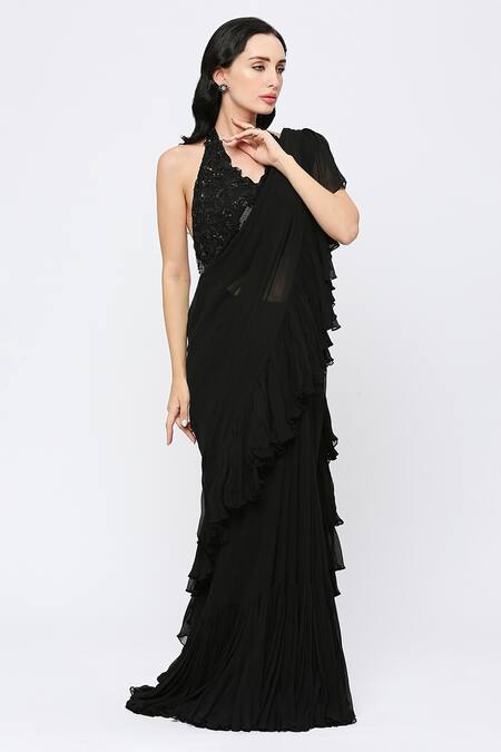 Buy_Neha Mehra_Black Georgette Sequins Designer Ruffled Saree _Online_at_Aza_Fashions