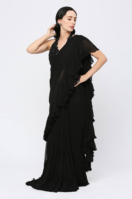 Shop_Neha Mehra_Black Georgette Sequins Designer Ruffled Saree _Online_at_Aza_Fashions