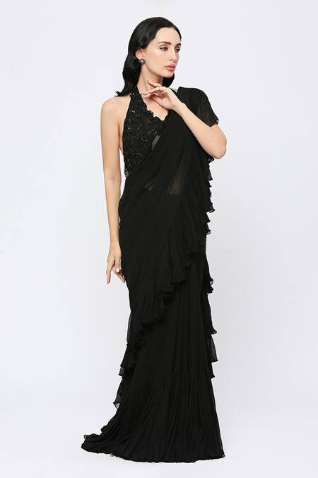 Neha Mehra_Black Net Beads, Sequins Halter Neck Embellished Padded Blouse _Online_at_Aza_Fashions