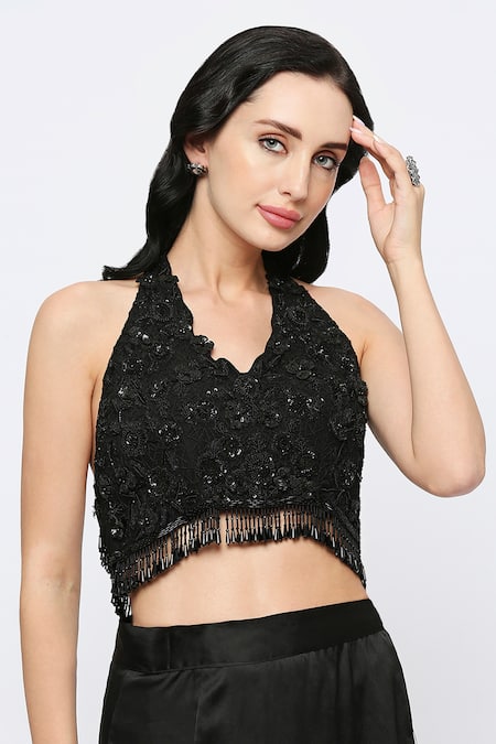 Buy_Neha Mehra_Black Net Beads, Sequins Halter Neck Embellished Padded Blouse _Online_at_Aza_Fashions