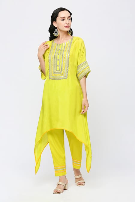 Buy_Neha Mehra_Yellow Silk, Cotton Sequins, Embroidery Round Neck Designer Kaftan Set _Online_at_Aza_Fashions