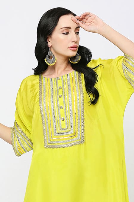 Shop_Neha Mehra_Yellow Silk, Cotton Sequins, Embroidery Round Neck Designer Kaftan Set _Online_at_Aza_Fashions