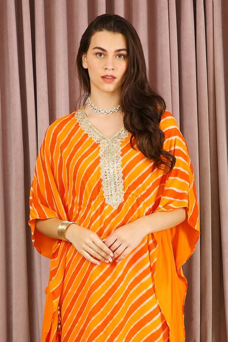 Neha Mehra_Rust Georgette Embroidery Round Neck Striped Orange Kaftan _Online_at_Aza_Fashions