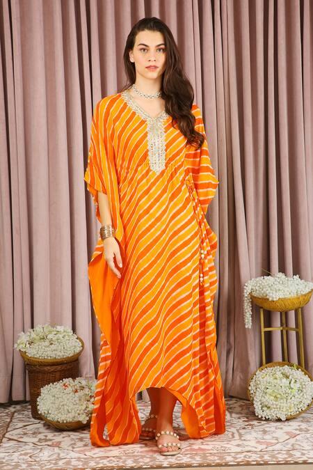 Shop_Neha Mehra_Rust Georgette Embroidery Round Neck Striped Orange Kaftan _Online_at_Aza_Fashions