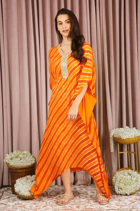 Shop_Neha Mehra_Rust Georgette Embroidery Round Neck Striped Orange Kaftan 