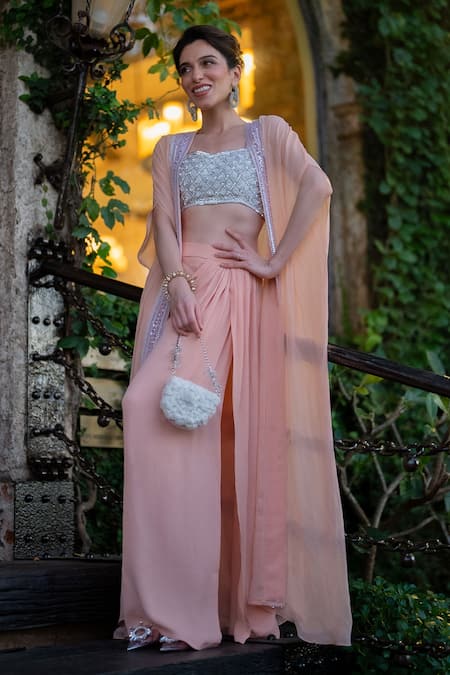 Neha Mehra Peach Georgette Sequins Open , Round Draped Skirt Cape Set