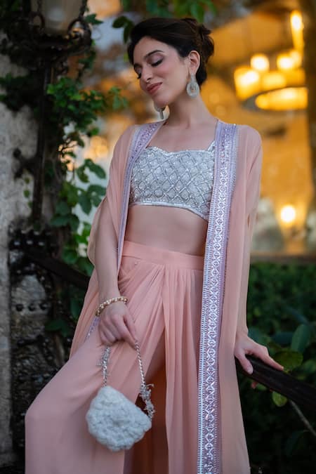 Neha Mehra Peach Georgette Draped Skirt Cape Set 