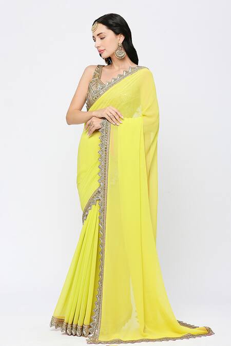 Neha Mehra_Yellow Georgette Sequins Designer Saree_Online_at_Aza_Fashions