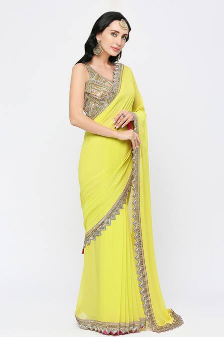 Shop_Neha Mehra_Yellow Georgette Sequins Designer Saree_Online_at_Aza_Fashions