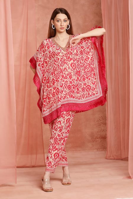 Neha Mehra Red Crepe Fringe V-neck Designer Kaftan And Pant Set