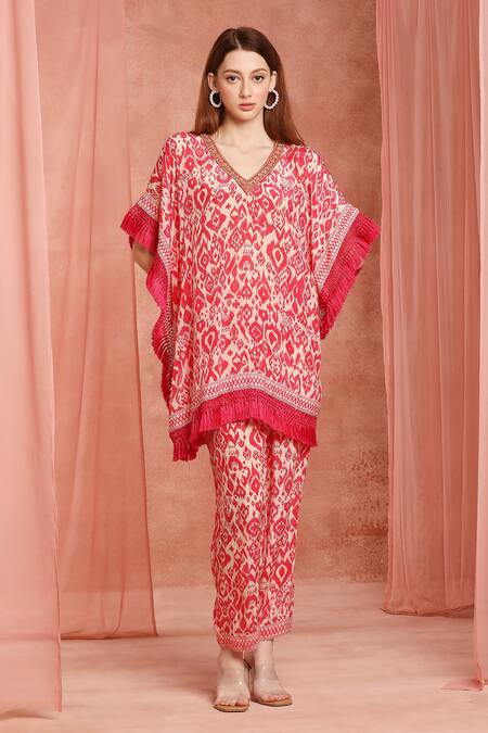 Buy_Neha Mehra_Red Crepe Fringe V-neck Designer Kaftan And Pant Set _Online_at_Aza_Fashions