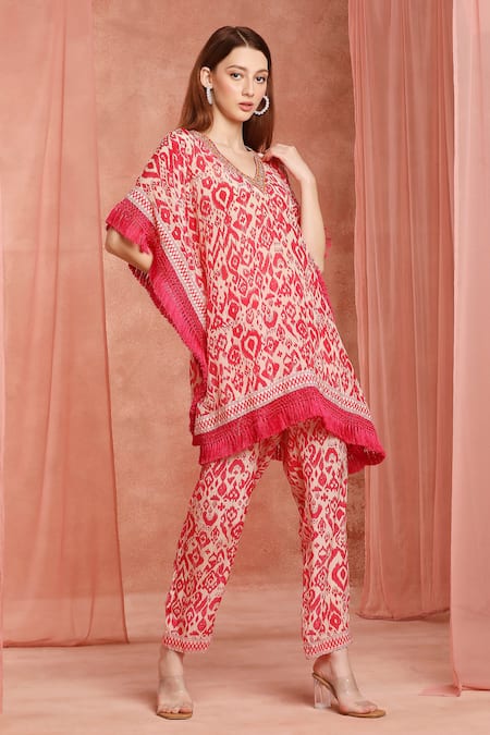 Shop_Neha Mehra_Red Crepe Fringe V-neck Designer Kaftan And Pant Set _Online_at_Aza_Fashions
