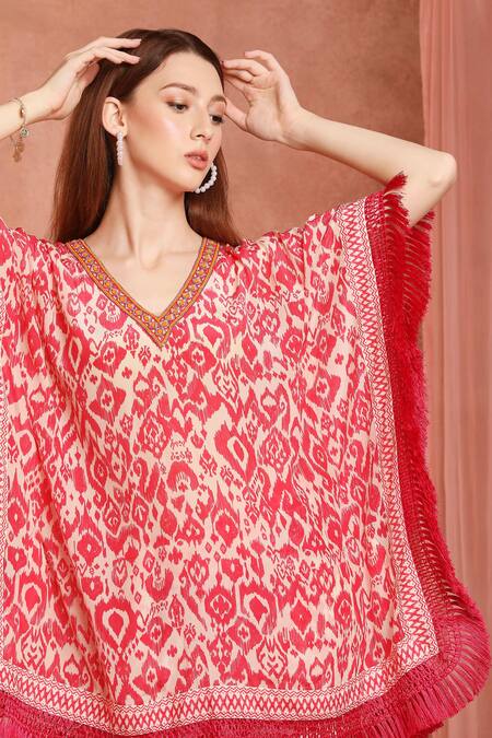 Neha Mehra_Red Crepe Fringe V-neck Designer Kaftan And Pant Set _at_Aza_Fashions