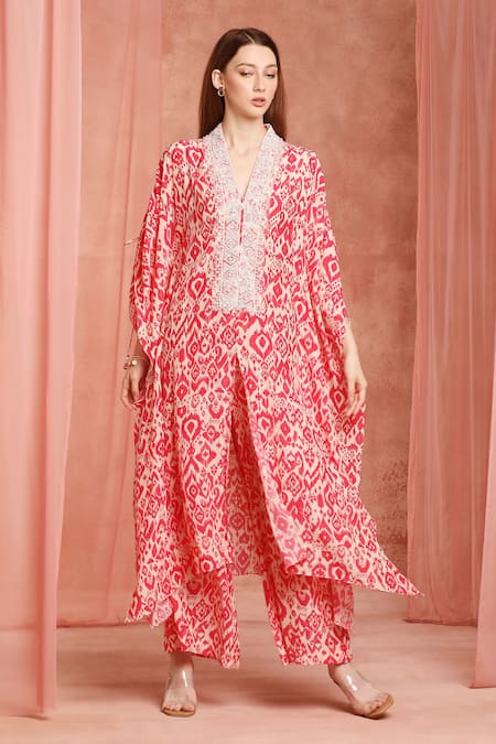Neha Mehra Red Crepe Embroidery V-neck Printed Kaftan And Pant Set 