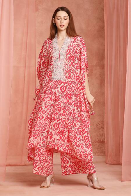 Neha Mehra_Red Crepe Embroidery V-neck Printed Kaftan And Pant Set _Online_at_Aza_Fashions