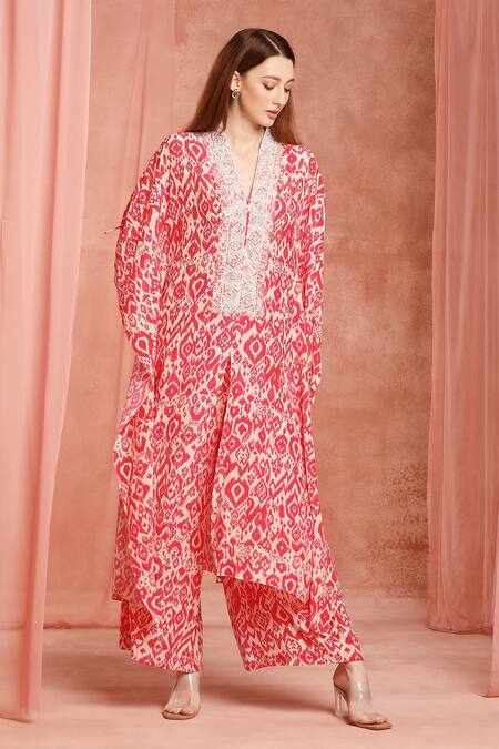 Buy_Neha Mehra_Red Crepe Embroidery V-neck Printed Kaftan And Pant Set _Online_at_Aza_Fashions