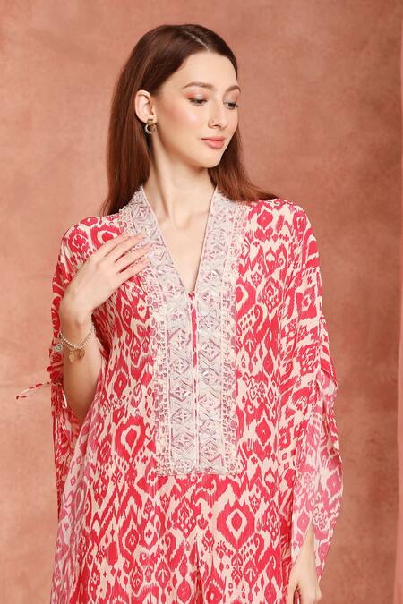 Shop_Neha Mehra_Red Crepe Embroidery V-neck Printed Kaftan And Pant Set _Online_at_Aza_Fashions