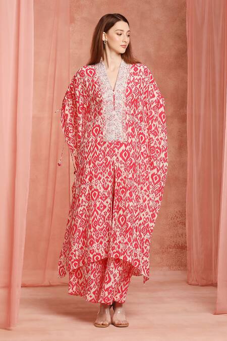 Neha Mehra_Red Crepe Embroidery V-neck Printed Kaftan And Pant Set _at_Aza_Fashions