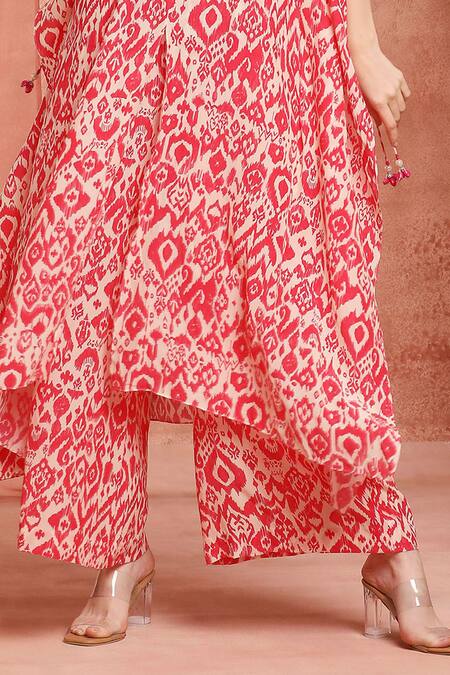 Buy_Neha Mehra_Red Crepe Embroidery V-neck Printed Kaftan And Pant Set 
