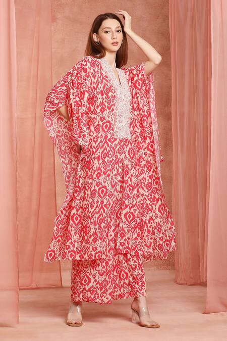 Shop_Neha Mehra_Red Crepe Embroidery V-neck Printed Kaftan And Pant Set 