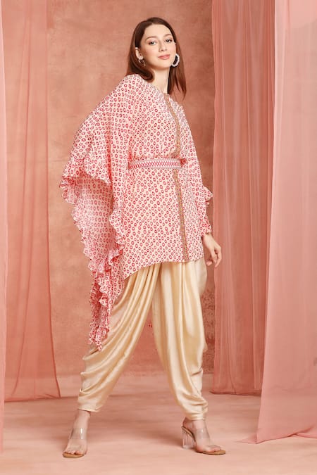 Neha Mehra_Red Crepe Round Neck Printed Kaftan And Dhoti Pant Set _Online_at_Aza_Fashions