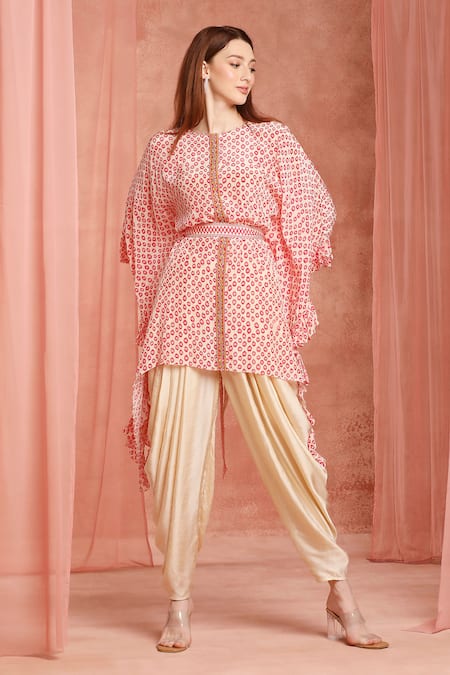 Buy_Neha Mehra_Red Crepe Round Neck Printed Kaftan And Dhoti Pant Set _Online_at_Aza_Fashions