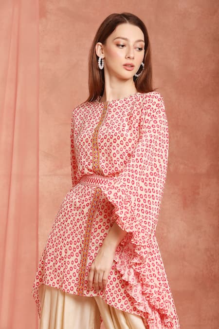 Shop_Neha Mehra_Red Crepe Round Neck Printed Kaftan And Dhoti Pant Set _Online_at_Aza_Fashions