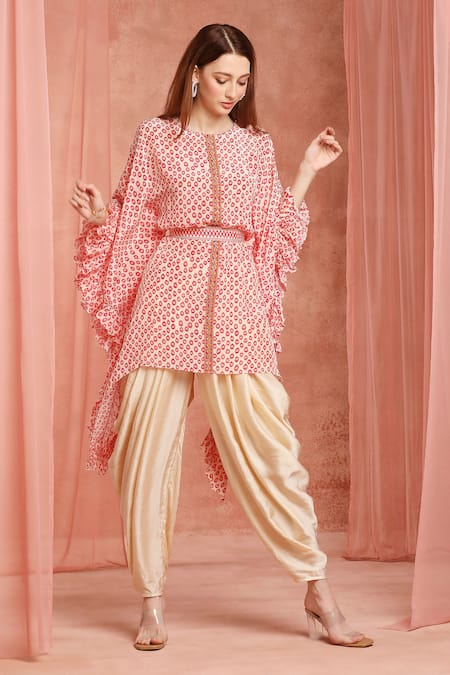 Neha Mehra Red Crepe Round Neck Printed Kaftan And Dhoti Pant Set 