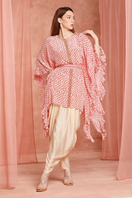 Neha Mehra_Red Crepe Round Neck Printed Kaftan And Dhoti Pant Set _at_Aza_Fashions