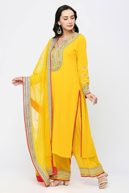 Neha Mehra_Yellow Georgette Embroidery, Sequins Split V-neck Kurta Set _Online_at_Aza_Fashions