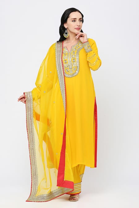 Neha Mehra Yellow Georgette Embroidery, Sequins Split V-neck Kurta Set 