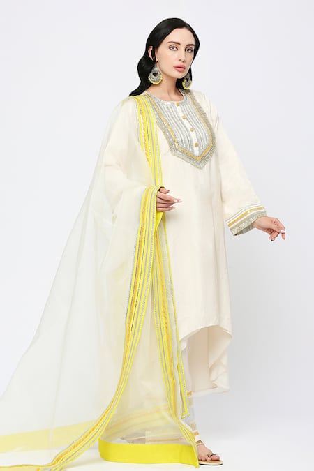 Neha Mehra_White Silk Embroidery, Sequins Round Neck Designer Kurta Pant Set _Online_at_Aza_Fashions