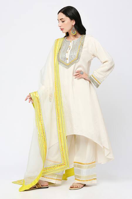 Buy_Neha Mehra_White Silk Embroidery, Sequins Round Neck Designer Kurta Pant Set _Online_at_Aza_Fashions