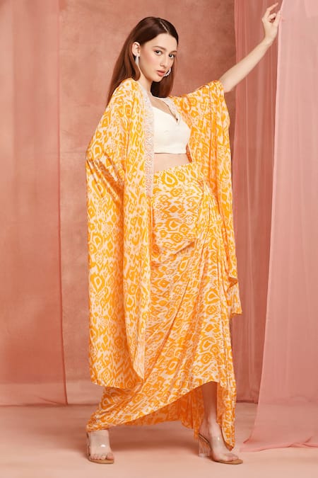 Neha Mehra_Orange Crepe Open , Scoop Cape And Draped Skirt Set _Online_at_Aza_Fashions