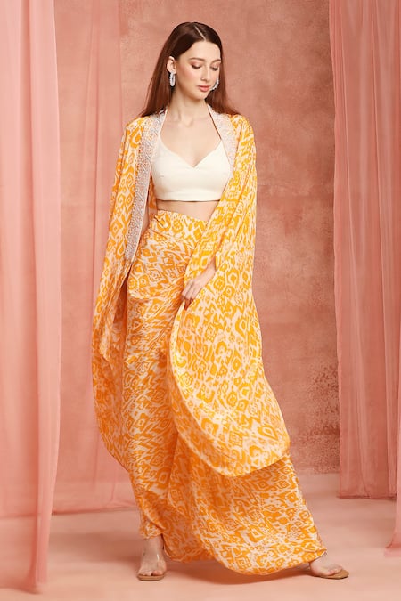 Buy_Neha Mehra_Orange Crepe Open , Scoop Cape And Draped Skirt Set _Online_at_Aza_Fashions