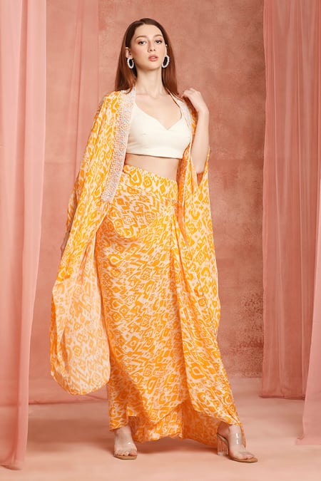 Shop_Neha Mehra_Orange Crepe Open , Scoop Cape And Draped Skirt Set _Online_at_Aza_Fashions